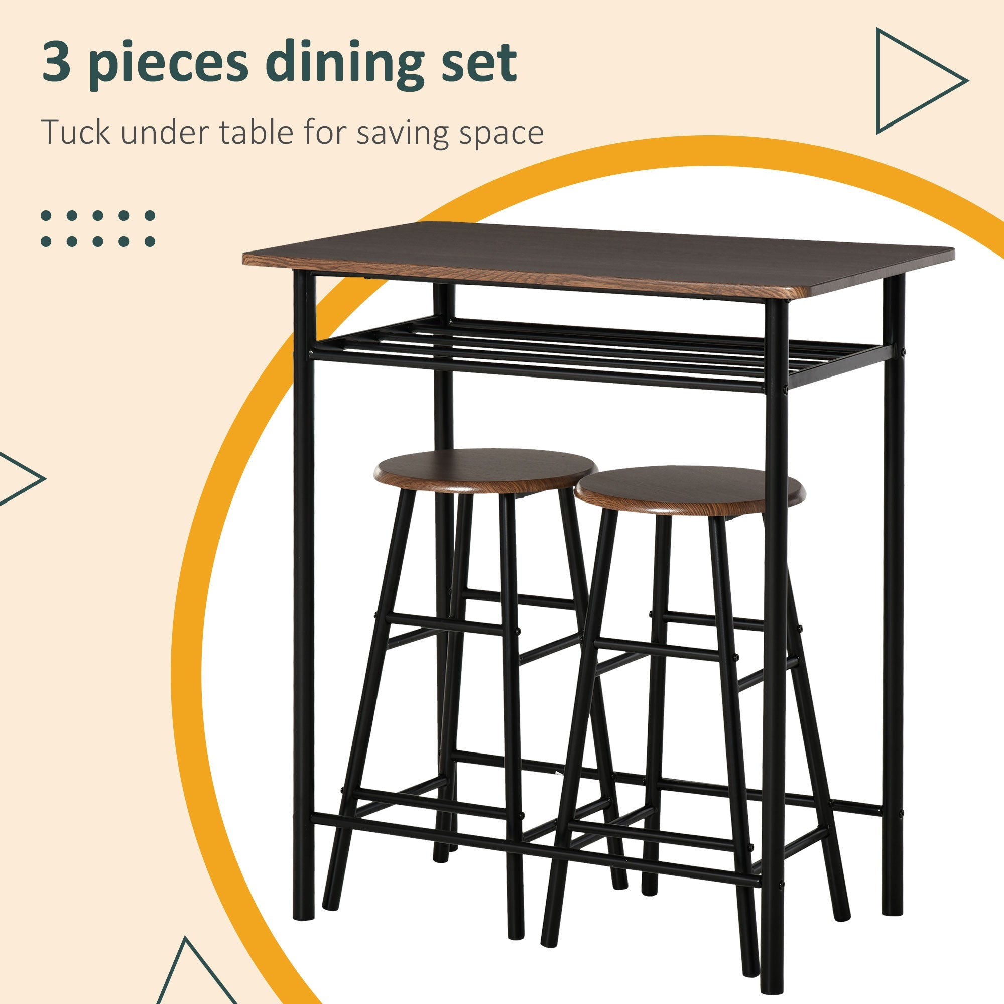 HOMCOM Bar Height Dining Set 3 Piece with Storage Shelf Metal Frame Footrest 1 Table 2 Stools for Kitchen Black