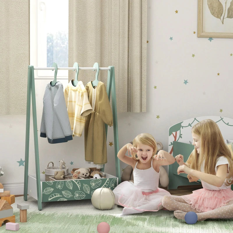 Qaba Kids Clothing Rack with Storage Shelf, Hangers, for Nursery Room, Living Room, Playroom, Green