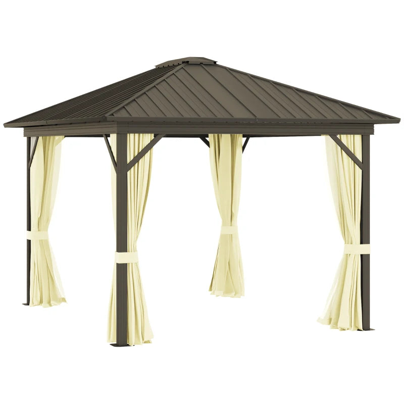 Outsunny 10' x 12' Outdoor Hardtop Gazebo Metal Roof Patio Gazebo with Aluminum Frame, Mesh Nettings, Curtains and Roomy Interior Space, Beige