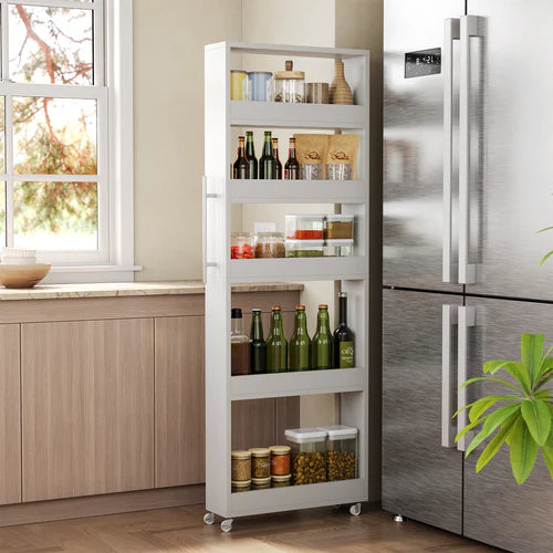 Storage Cart 63" Slim 5-Tier Tall Narrow Mobile Shelf Organizer White