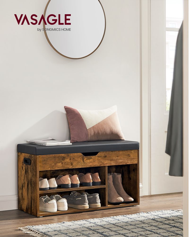 VASAGLE Storage Bench with Cushion, Padded Seat, 3 Compartments