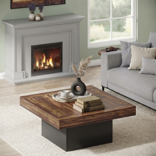Square Coffee Table 35.4" Farmhouse Wood Cocktail Table with LED Light and Sturdy One-Leg Design Rustic Brown