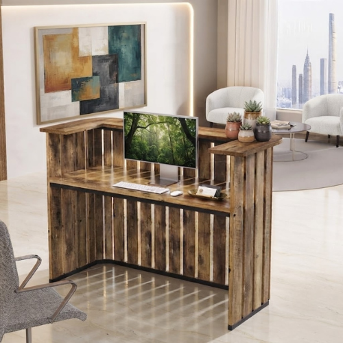 Reception Desk 63" U-Shaped Front Desk with Counter Two-Tier Workspace Slatted Panel Modern Office Retail Counter Rustic Brown