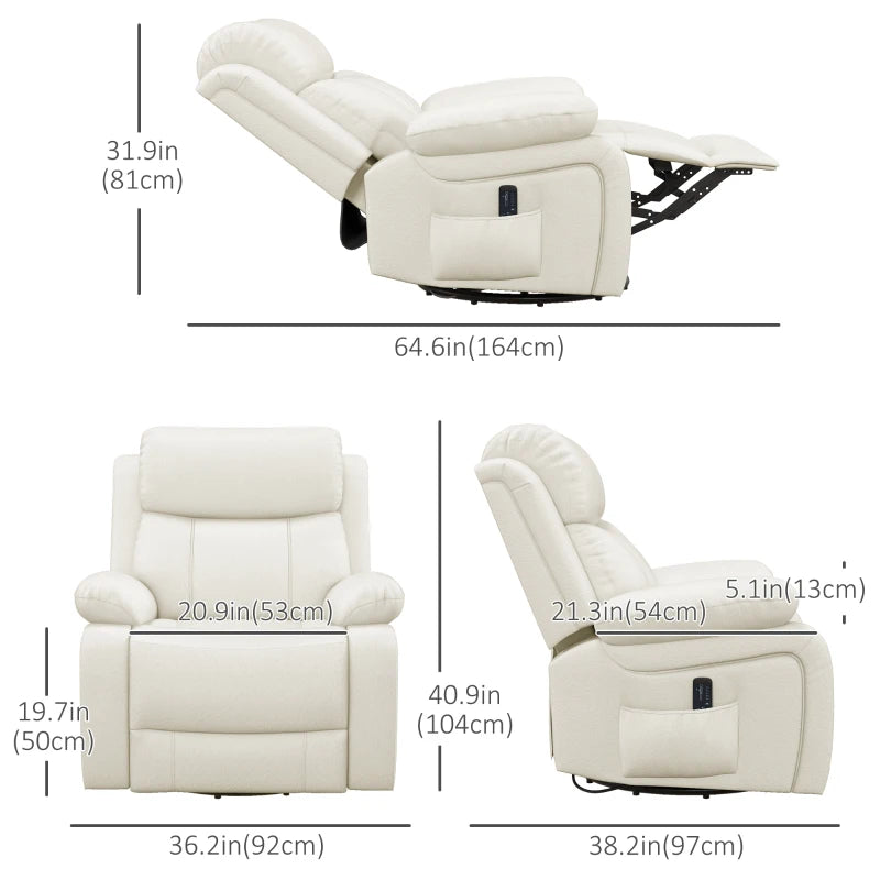 HOMCOM PU Leather Reclining Chair with Vibration Massage Recliner, Swivel Base, Rocking Function, Remote Control, Cream White