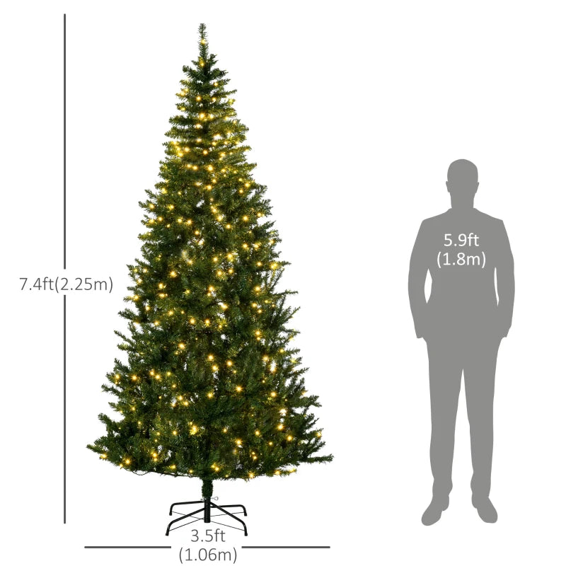 HOMCOM 7.5 Feet Prelit Artificial Christmas Tree with Warm White LED Lights, Holiday Home Xmas Decoration, Green