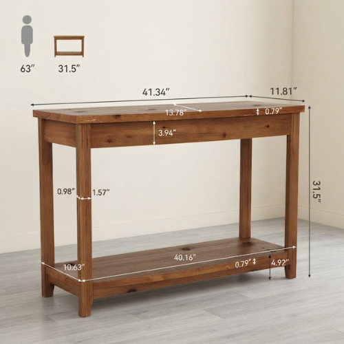 41.34" Solid Wood Console Table, 2-Tier Half-Moon Farmhouse Entryway Sofa Table with Rustic Natural Finish