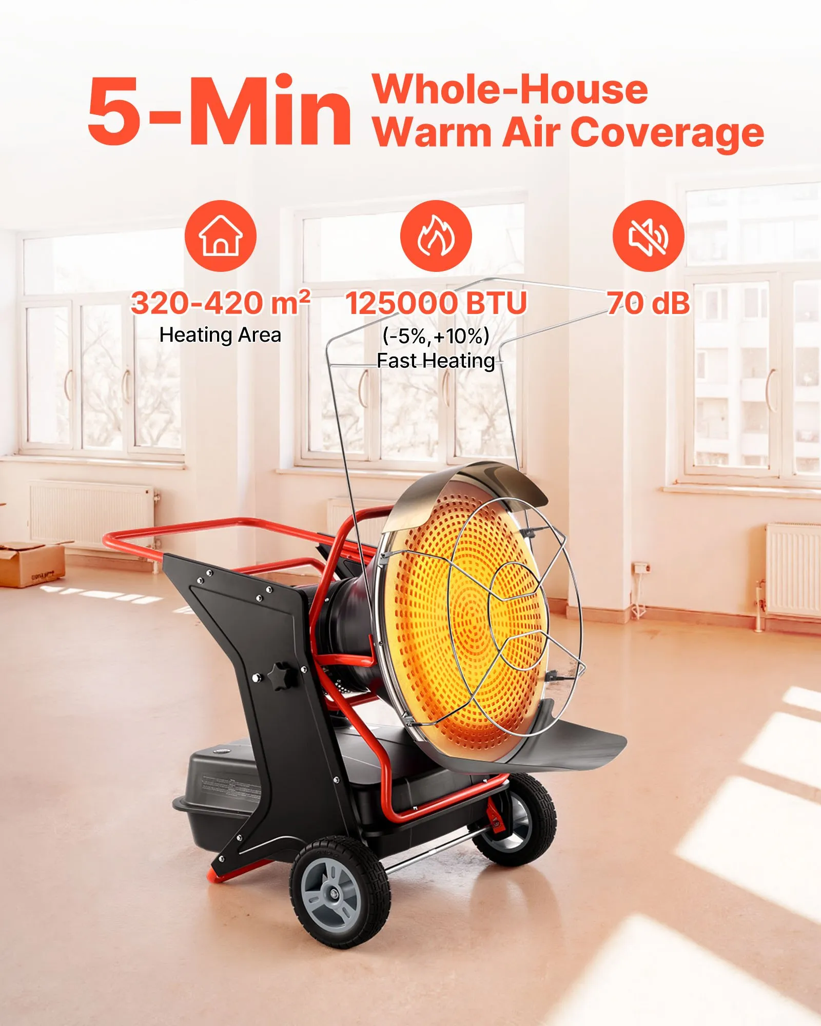 VEVOR 125,000 BTU Radiant Kerosene Diesel Heater, Portable Industrial Space Heater with Adjustable Temp & Wheels, Ideal for Jobsite, Garage, Warehouse, Workshop Construction Heating, Black