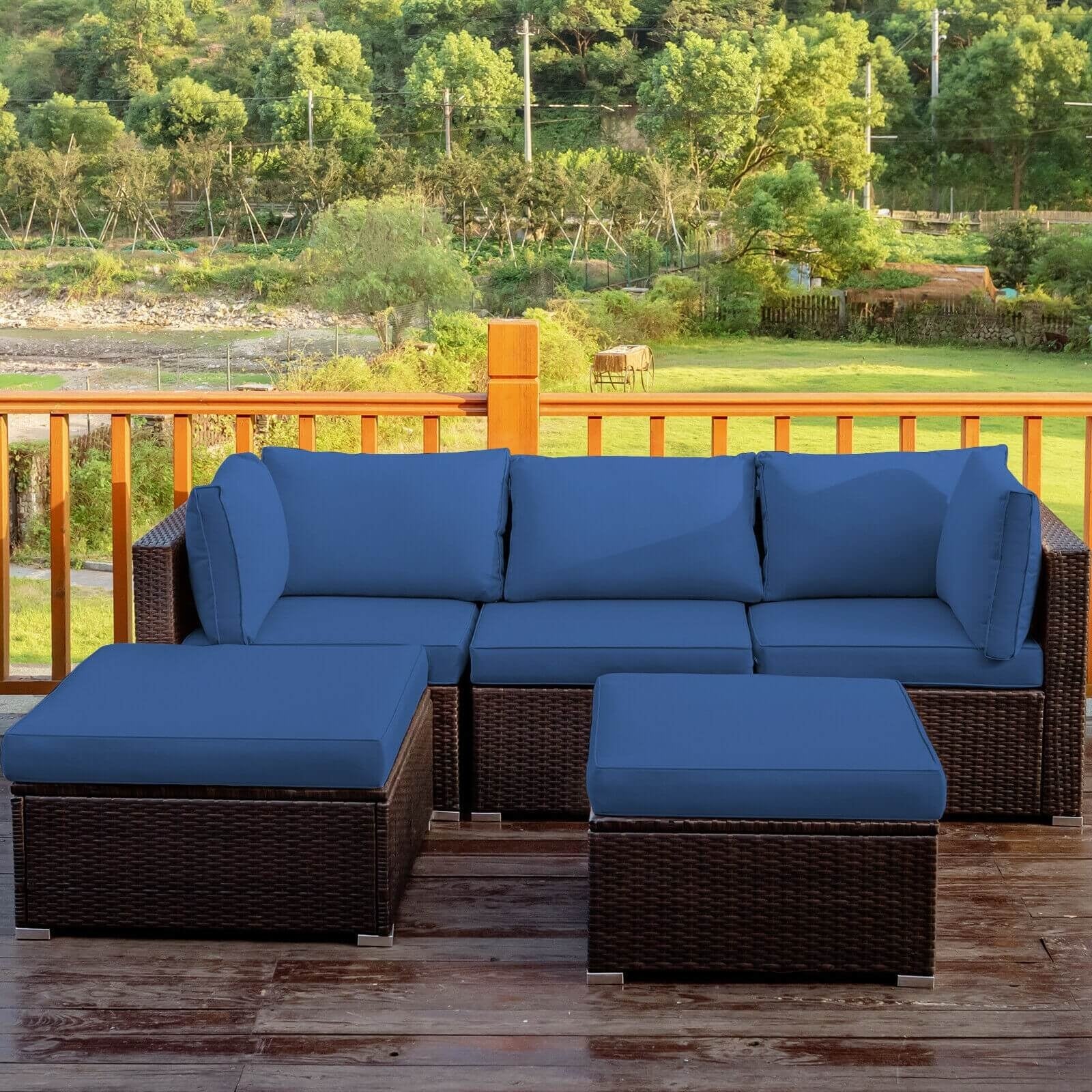 5 Pieces Patio Rattan Sofa Set with Cushion and Ottoman-NavyÂ