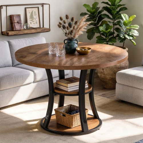 39" Round Conference Table Modern Meeting Room Table with Storage Shelf Metal Base for 2-4 People Industrial Rustic Brown Black