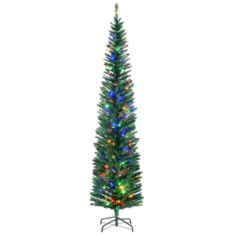 HOMCOM 7.5ft Artificial Pencil Christmas Tree – Colourful LED Lights, Steel Base, Slim Shape Holiday Decoration