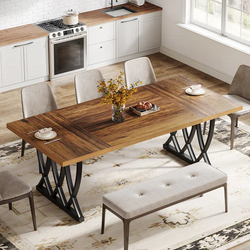 70.8" Dining Table, Rectangular Kitchen Table for 6–8 People with Trestle Base, Industrial Wood Dining Table Brown & White