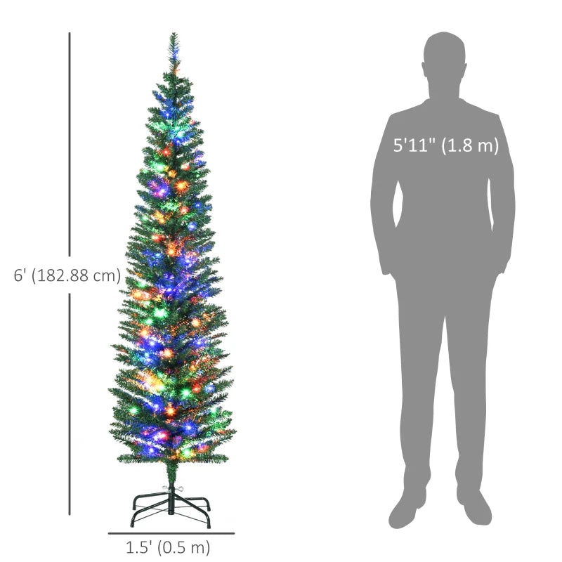 HOMCOM 6ft Artificial Pencil Christmas Tree – Colourful LED Lights, Steel Base, Slim Shape Holiday Decoration