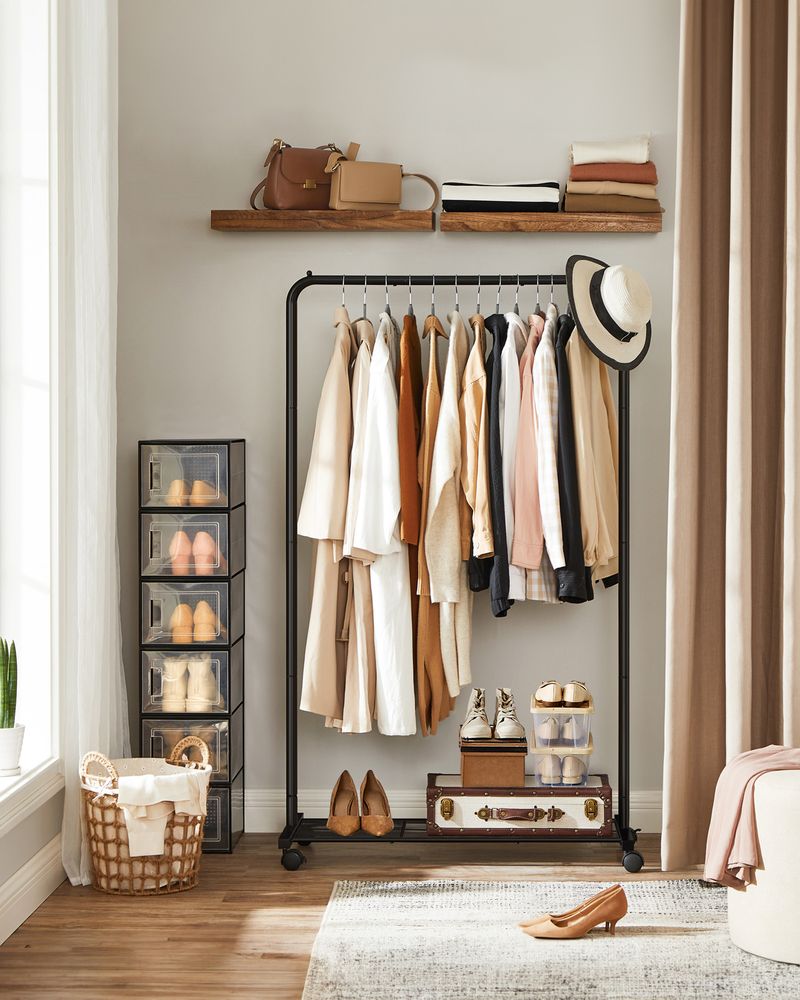 SONGMICS Clothes Rack with Wheels and Dense Mesh Storage Shelf