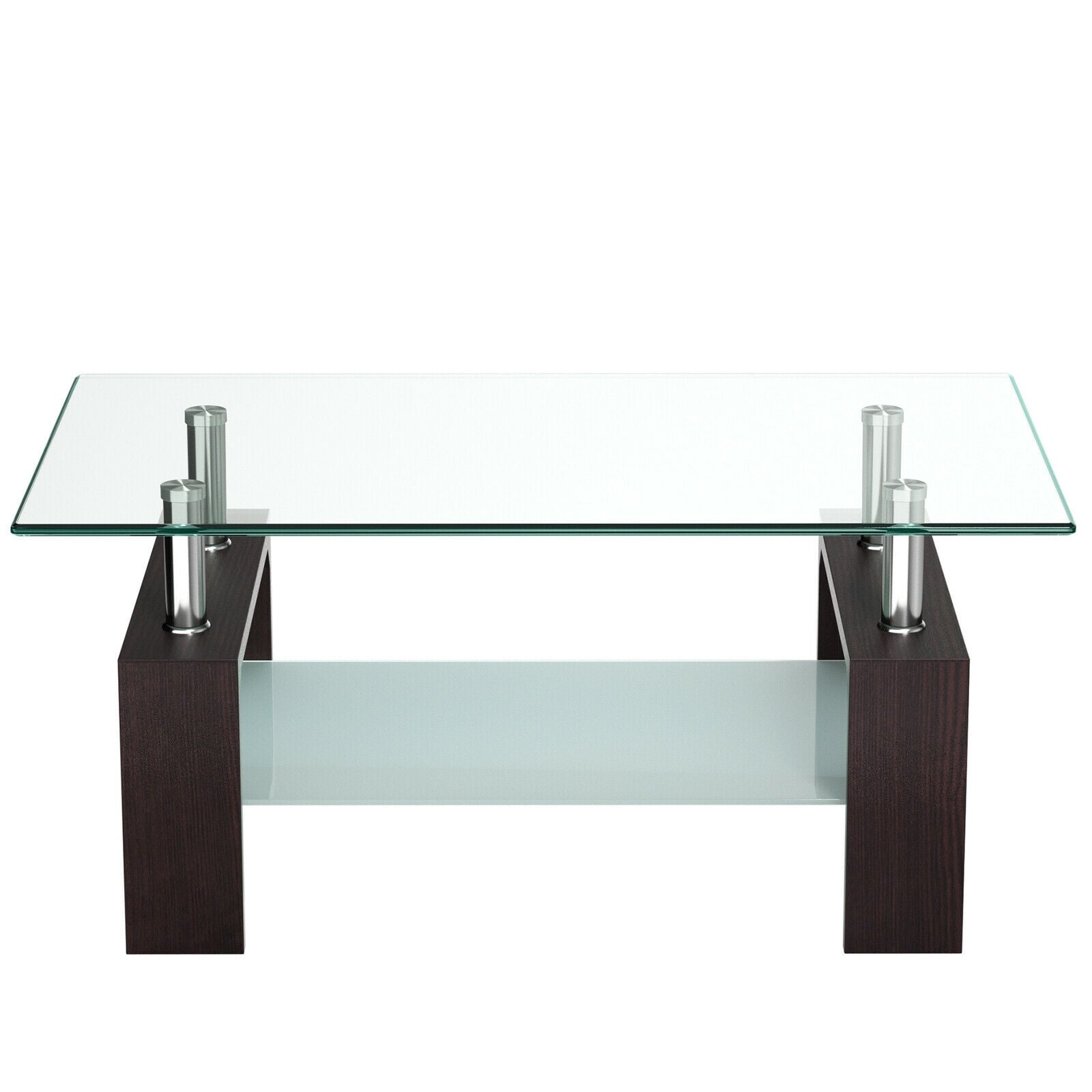 Rectangular Tempered Glass Coffee Table with Shelf-BrownÂ