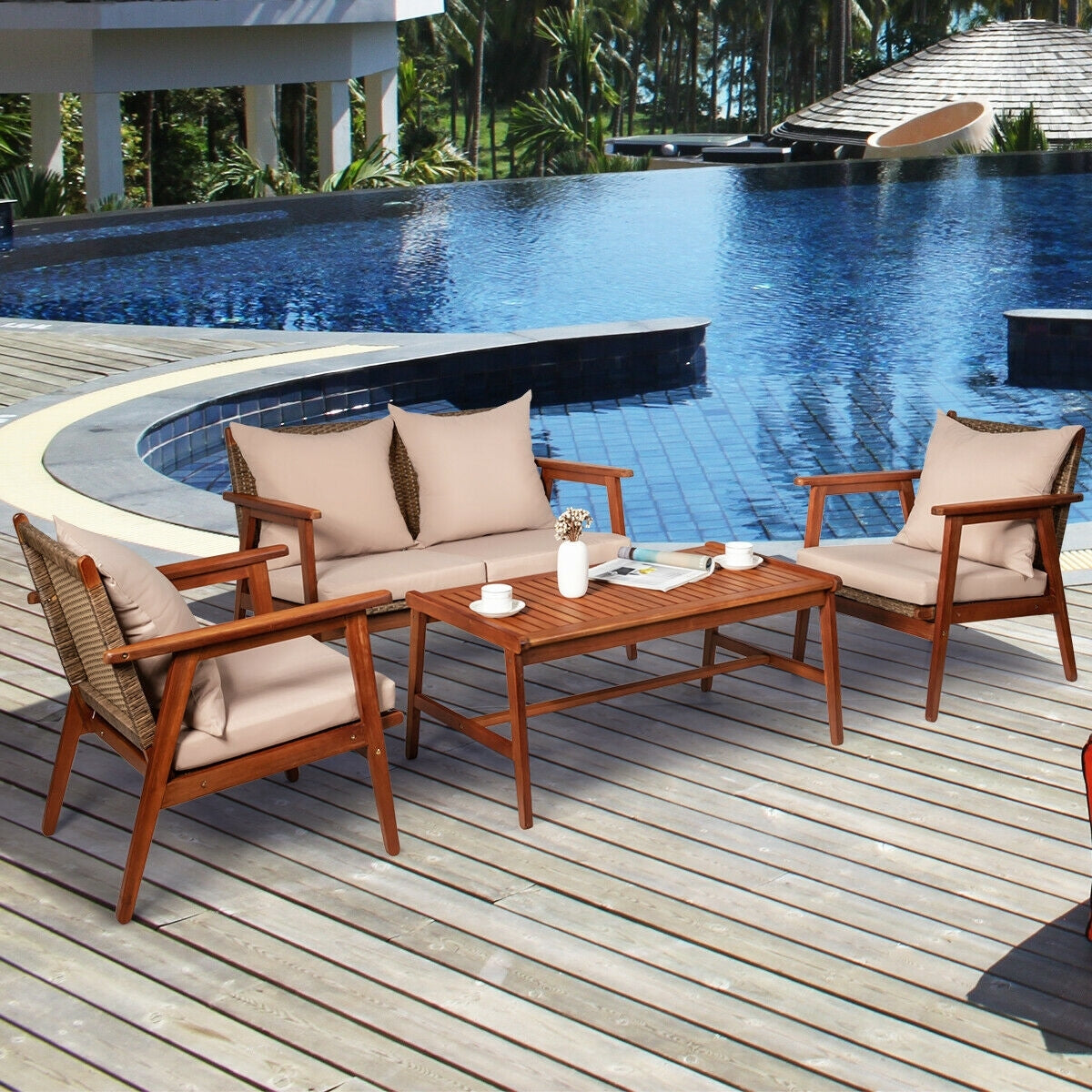 4 Pieces Acacia Wood Patio Rattan Furniture Set-BrownÂ