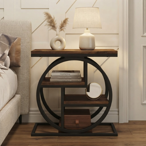 4-Tier Wood End Table, Narrow Industrial Side Table with Storage Shelves, Rustic Brown & Black Nightstand
