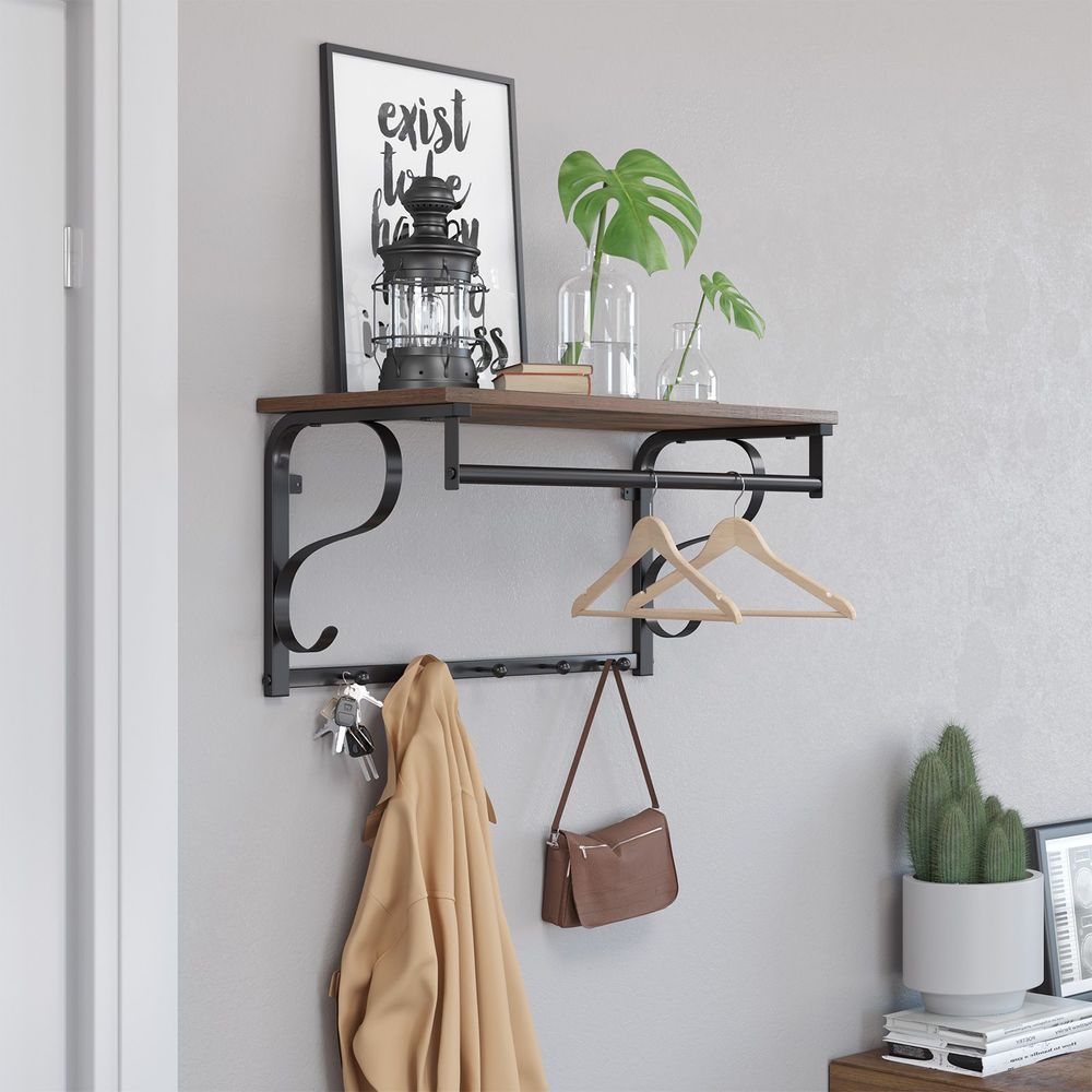 VASAGLE Coat Rack Wall Mount with Shelf, Hanging Rail, 5 Hooks