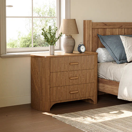 Nightstand 31.5" Oversized Bedside Table with 3 Drawers Mid-Century Modern Fluted Design Wide Storage Cabinet Brown Finish for Bedroom