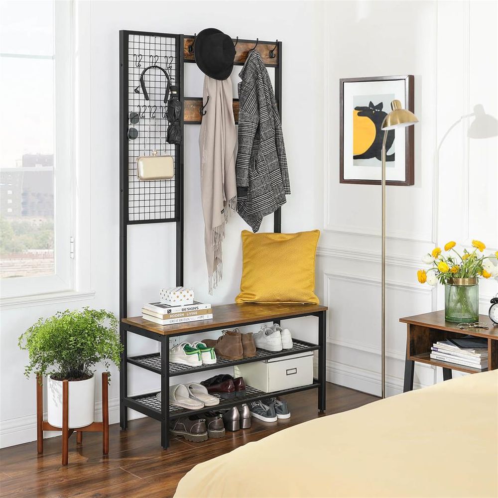 VASAGLE Industrial Coat Rack Shoe Bench with Grid Wall