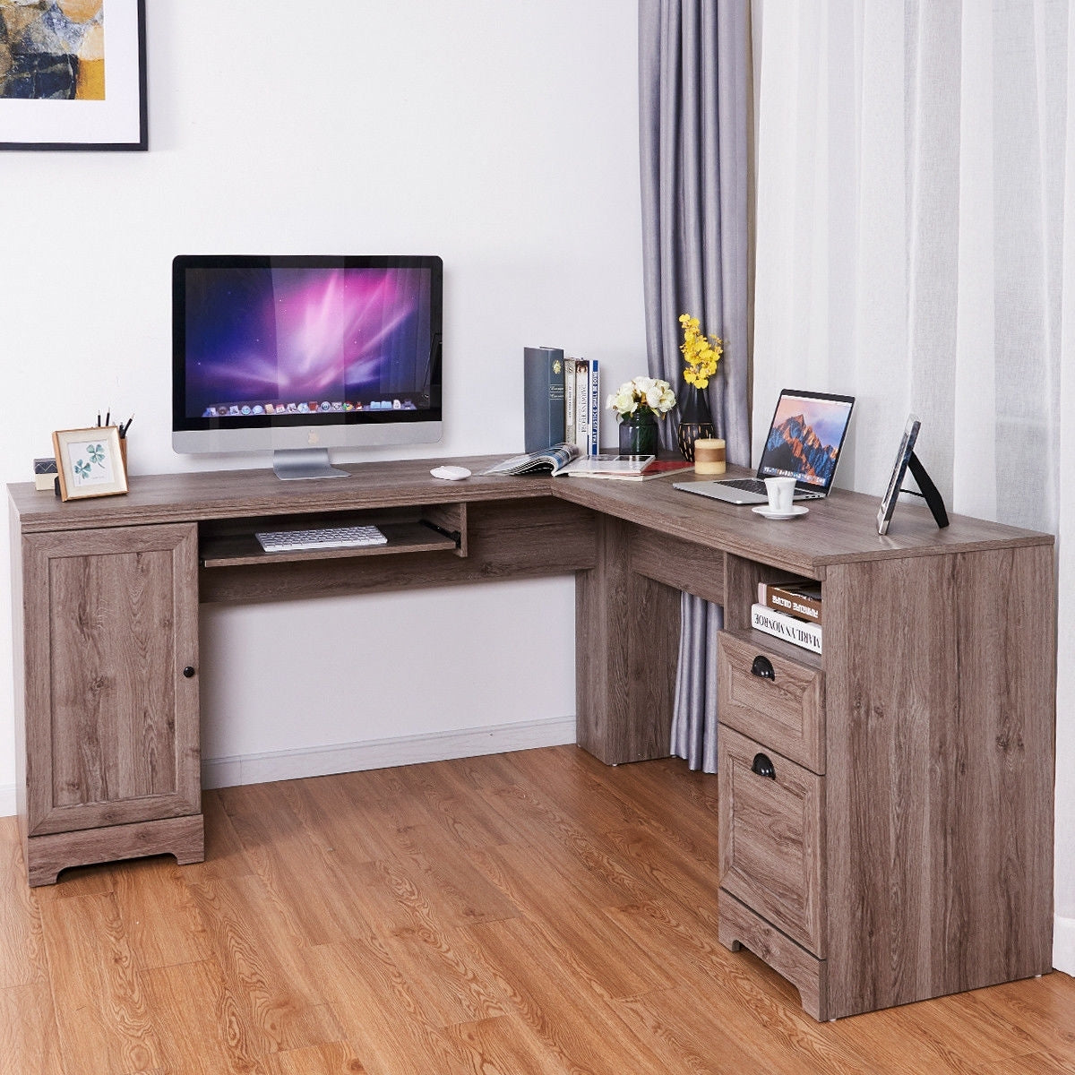 66 Inch L-Shaped Writing Study Workstation Computer Desk with Drawers-GrayÂ