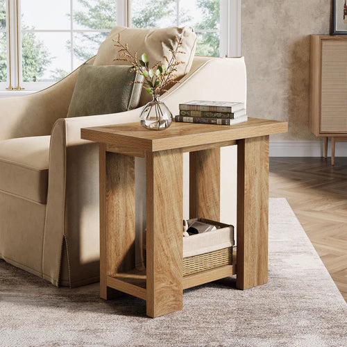 End Table 2-Tier Farmhouse Side Table with Storage Shelves 27.56" Wooden Nightstand for Small Spaces Living Room Bedroom Light Brown