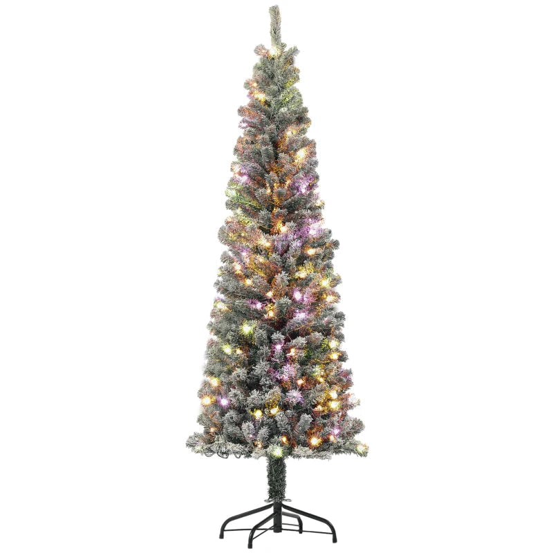 HOMCOM 6FT Prelit Pencil Christmas Tree with Remote, Slim Artificial Flocked Xmas Tree with Dual-Colour LED Lights, 429 Tips & Metal Stand