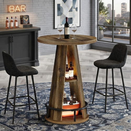 Bar Table 39.4" 3-Tier High Top Bistro Cocktail Pub Table with Metal Footrest and Storage Shelves Rustic Brown