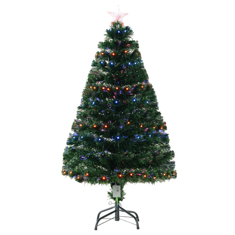 HOMCOM 4FT Pre-Lit Artificial Spruce Christmas Tree with Fiber Optic Lights, Hinged Full Holiday Tree