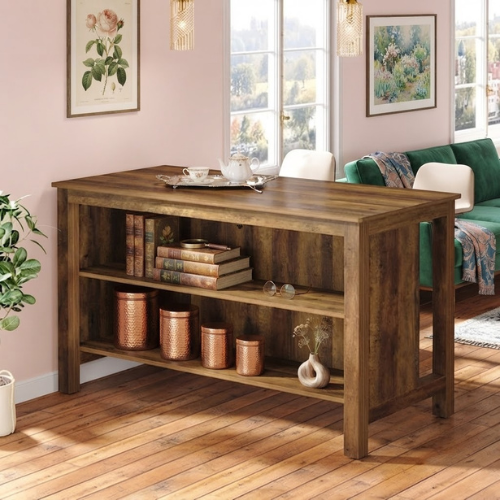Bar Table 59" Counter Height Pub Table with 3-Tier Storage Shelves for Home Bar Kitchen Dining Room Rustic Brown