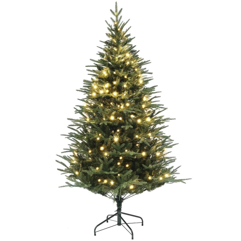 HOMCOM 6ft Prelit Artificial Christmas Tree – 1022 Branch Tips, Warm White LED Lights, Steel Base, Hinged Auto-Open Design