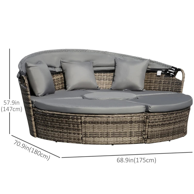 Outsunny 4 Pieces Outdoor Daybed with Retractable Canopy, PE Rattan Wicker Round Sofa Day Bed, Patio Sectional Conversation Furniture Set with Cushions and Pillows, Grey
