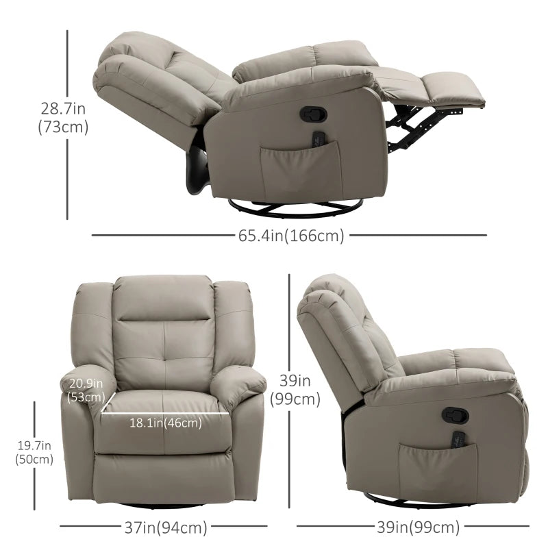 HOMCOM 8-Point Vibration Massage Recliner Chair for Living Room, PU Leather Manual Reclining Chair, Swivel Recliner with Remote Control, Rocking Function, Grey