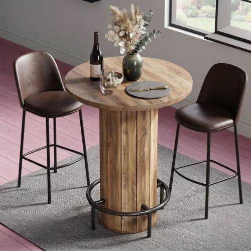 31.5" Round Bar Table with Footrest, Farmhouse Bistro Pub Table with Fence-Style Base & Rustic Brown Wood Finish