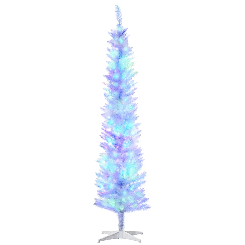 HOMCOM 6ft Pre-Lit Pencil Artificial Christmas Tree – Colourful Surface Tips with Colourful LED Lights, White