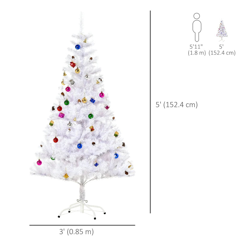 HOMCOM 4.9 Feet Artificial Christmas Tree with Ornaments, White Holiday Xmas Decor