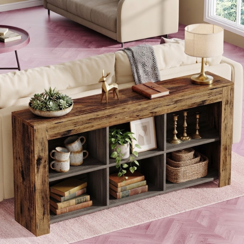 Console Table 63" Narrow Sofa Table Entryway Table with 6 Storage Cubes and Display Shelves Rustic Brown