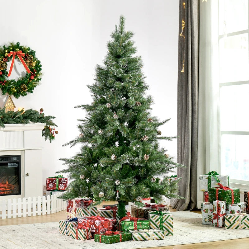 HOMCOM Artificial Christmas Snow Pine Tree with Automatic Open, Pinecones, Green Holiday Home Decoration