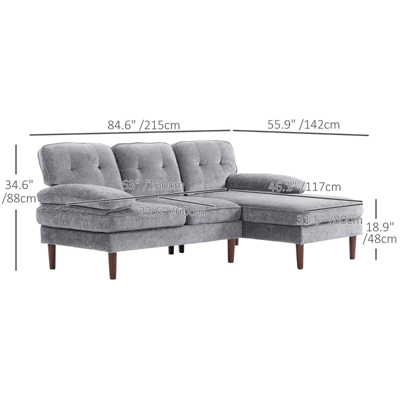 HOMCOM Modern Corner Couch with Right Chaise Lounge, Tufted 3-Seater Sofa with Wooden Legs for Living Room, Bedroom, Grey