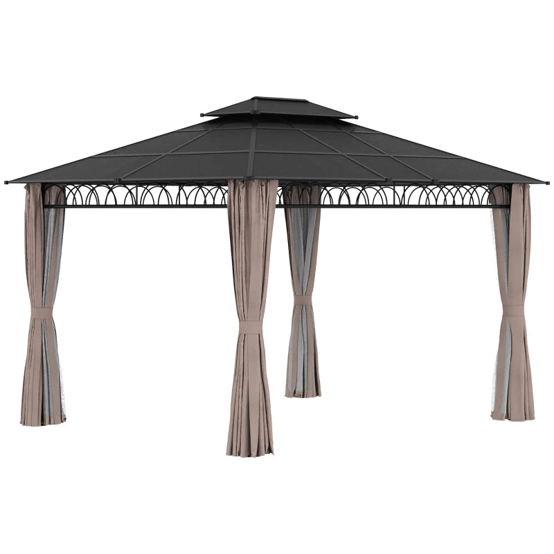 Outsunny 10' x 12' Outdoor Gazebo Canopy, Double Roof Hardtop Gazebo with Polycarbonate Roof, Steel Frame, Nettings and Curtains, for Garden, Lawn, Backyard and Deck, Khaki