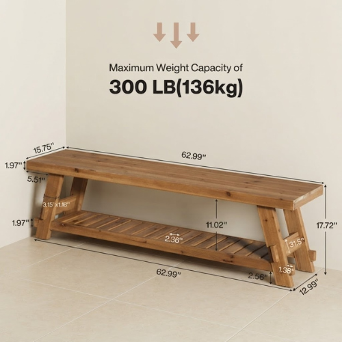 63" Solid Wood Shoe Bench 2-Tier Entryway Bench with Storage Shelf Heavy Duty Seating for Hallway Living Room Rustic Brown