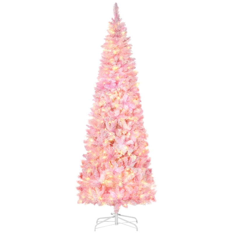 HOMCOM 7.5ft Prelit Snow-Flocked Artificial Christmas Tree – Pencil Shape, 700 Realistic Pine Branches, Warm White LED Lights, Auto Open, Pink & White