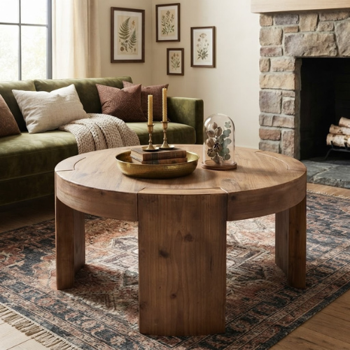 Coffee Table 31.5" Round Solid Wood Center Cocktail Tea Table Rustic Brown