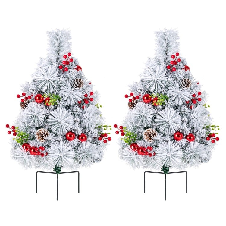 2 Feet Set of 2 Pre-lit Pathway Flocked Christmas Trees Battery Powered