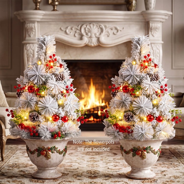 2 Feet Set of 2 Pre-lit Pathway Flocked Christmas Trees Battery Powered