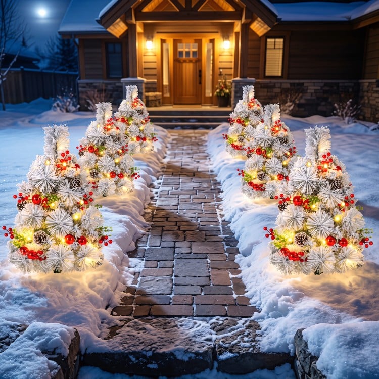 2 Feet Set of 2 Pre-lit Pathway Flocked Christmas Trees Battery Powered