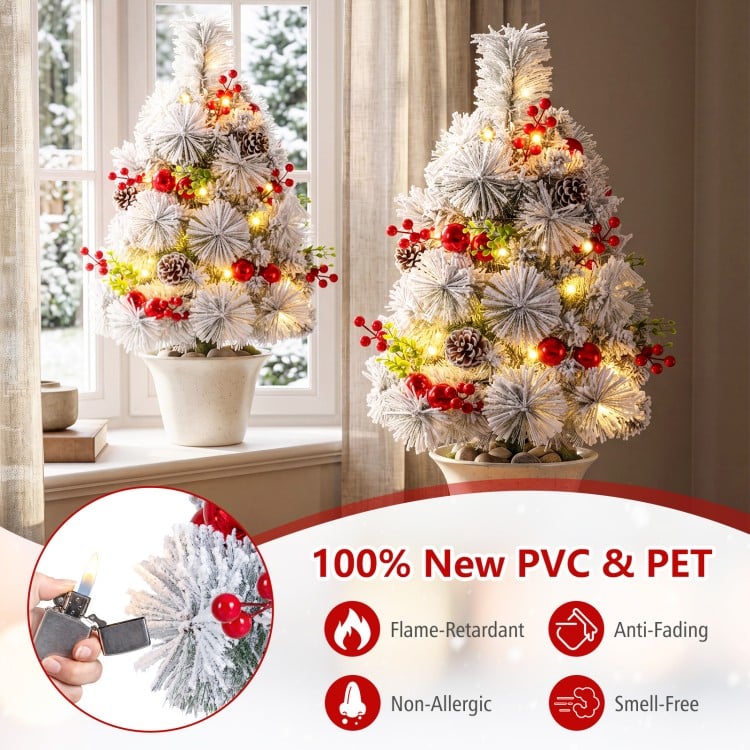 2 Feet Set of 2 Pre-lit Pathway Flocked Christmas Trees Battery Powered