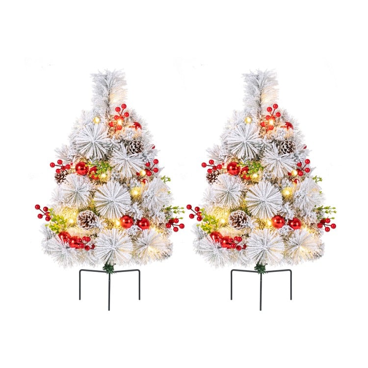 2 Feet Set of 2 Pre-lit Pathway Flocked Christmas Trees Battery Powered
