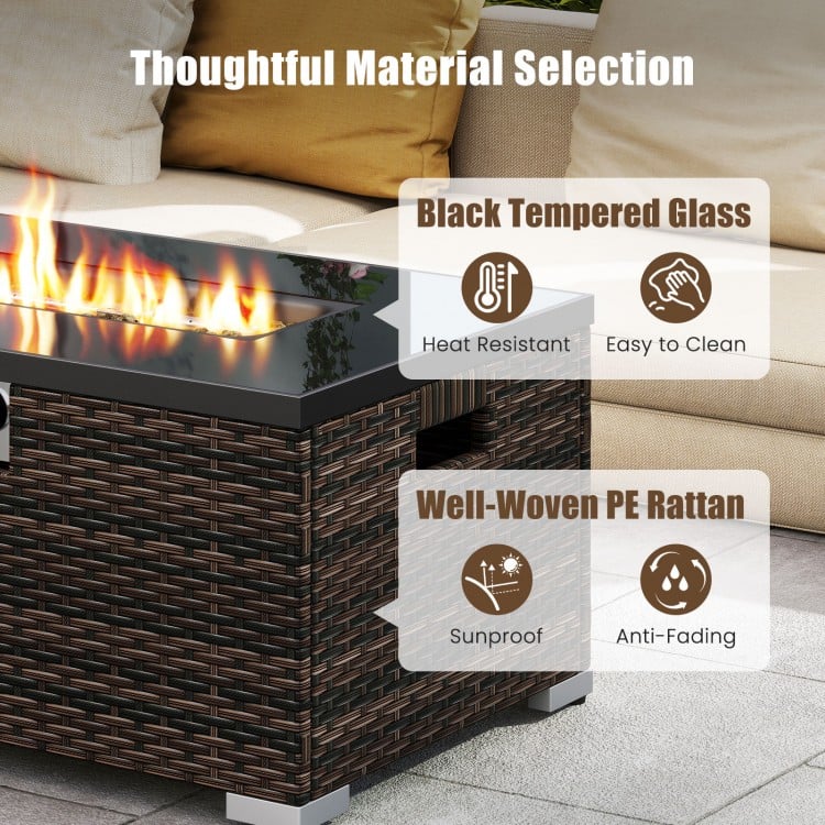2-Piece Outdoor Rattan Fire Table Set 32 Inch Rectangle Gas Firepit with Tank Cover