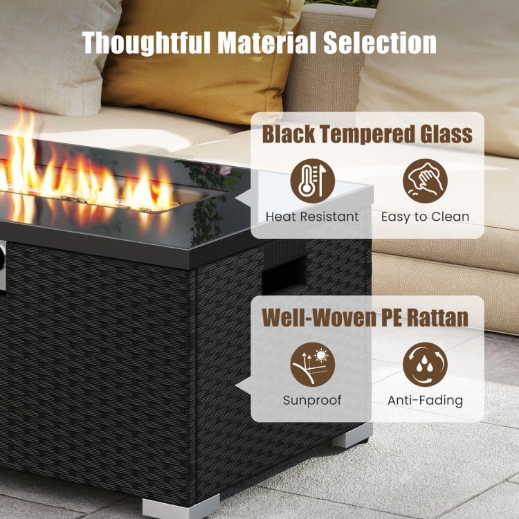 2-Piece Outdoor Rattan Fire Table Set 32 Inch Rectangle Gas Firepit with Tank Cover