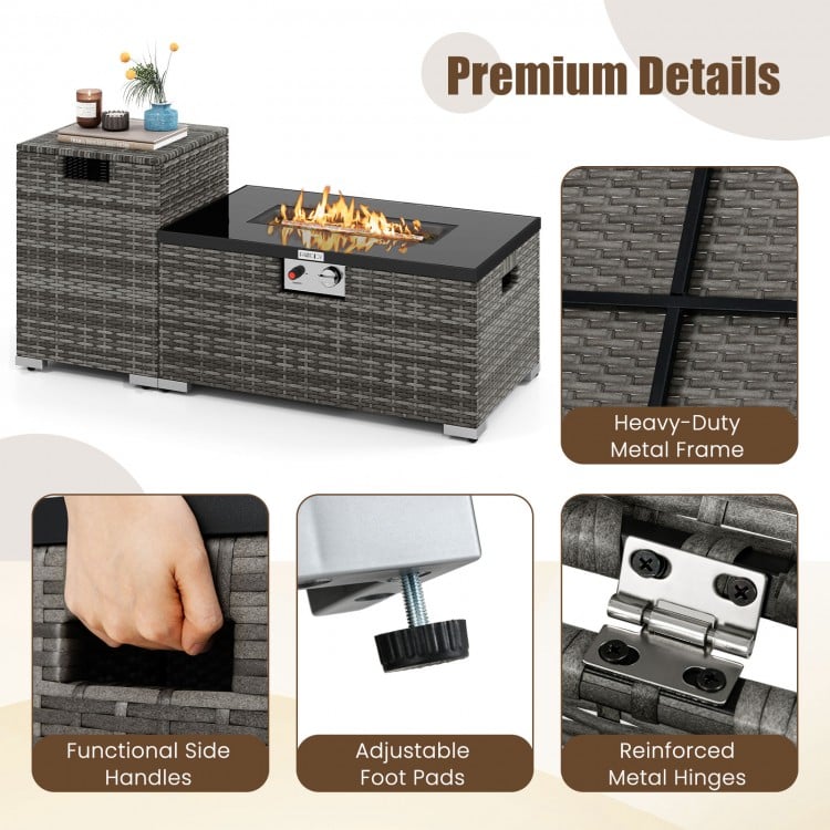 2-Piece Outdoor Rattan Fire Table Set 32 Inch Rectangle Gas Firepit with Tank Cover